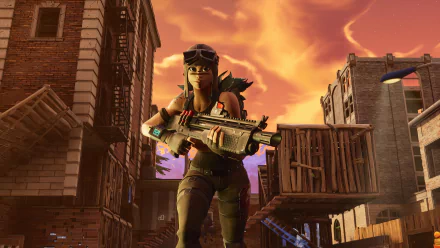 HD wallpaper of a Fortnite Battle Royale character holding a weapon in a post-apocalyptic urban setting with a fiery sky.