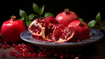 HD wallpaper of ripe pomegranates and seeds beautifully arranged on a decorative plate with a dark background for an elegant desktop background.