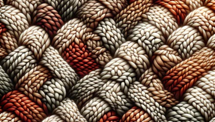 HD desktop wallpaper featuring a detailed knit pattern with interlocking strands in shades of white, beige, and red.