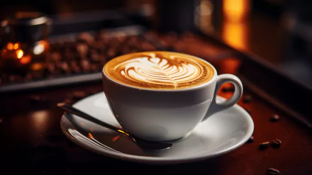 A delicious cappuccino sits elegantly in a white cup on a saucer, adorned with intricate latte art, surrounded by coffee beans, creating a warm and inviting atmosphere. HD desktop wallpaper.