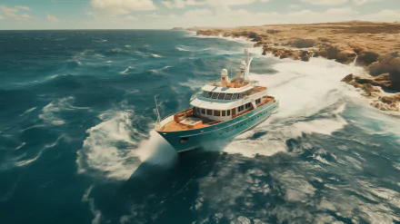 Luxury yacht cruising near rocky coast with waves, HD desktop wallpaper and background.