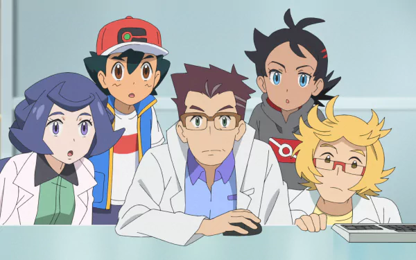 HD wallpaper featuring Professor Cerise, Ash Ketchum, Goh, and another character from Pokémon Ultimate Journeys: The Series for desktop background.