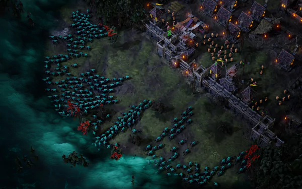 HD wallpaper featuring a strategic scene from Age of Darkness: Final Stand, with troops defending a fortified base against encroaching enemies.