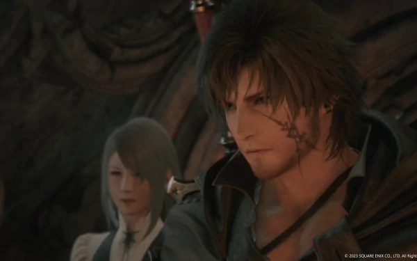 A high-definition wallpaper featuring Clive Rosfield from Final Fantasy XVI, showcasing a dramatic moment with a character in the background.