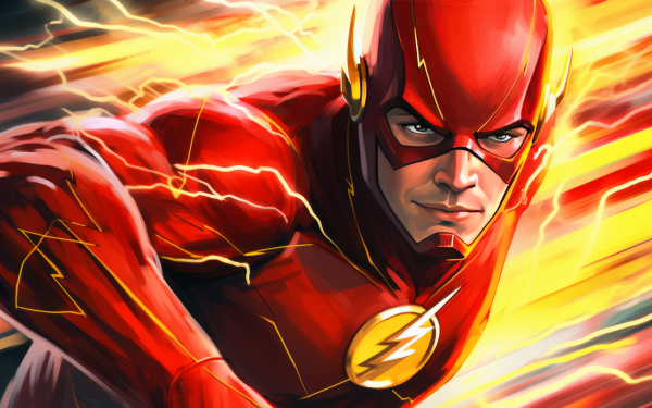 HD wallpaper featuring The Flash in dynamic pose with lightning effects, perfect for superhero-themed desktop backgrounds.