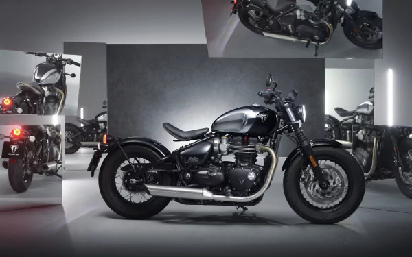 HD wallpaper of a Triumph Bonneville Bobber Chrome Edition showcased among other Triumph motorcycles.