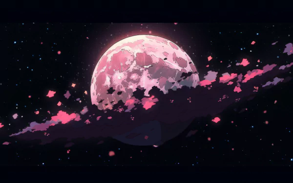 HD desktop wallpaper featuring an artistic depiction of the moon with a pink and purple color palette set against a starry night sky background.