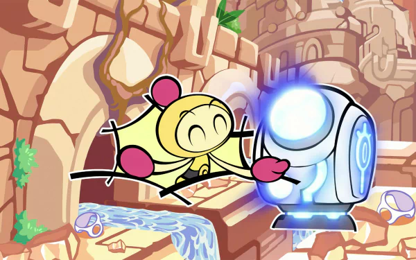 HD wallpaper featuring characters from Super Bomberman R 2, with a vibrant, cartoon-style Bomberman in action for a lively desktop background.