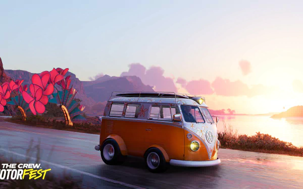 HD wallpaper of a colorful vintage van from The Crew Motorfest game, driving by the seaside at sunset with tropical foliage in the background.