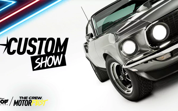 HD desktop wallpaper featuring a sleek custom car from The Crew Motorfest, showcasing dynamic design elements and the title CUSTOM SHOW prominently.