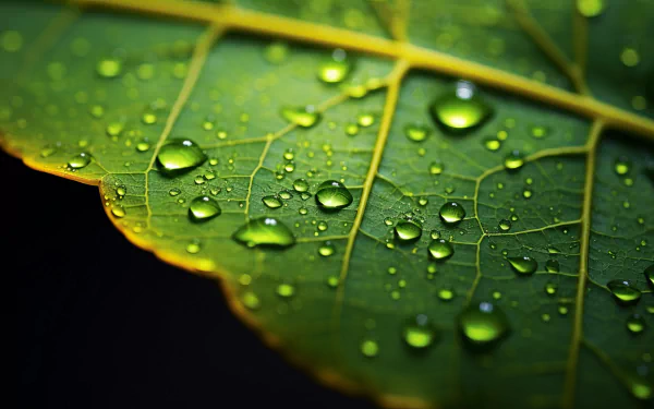 HD wallpaper of a leaf with dew drops - vibrant green nature desktop background.