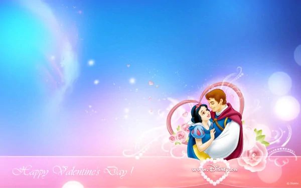 HD PC desktop wallpaper of Snow White and the Prince from the movie Snow White and the Seven Dwarfs, embraced in a heart over a pastel blue-to-pink gradient with roses and sparkles.