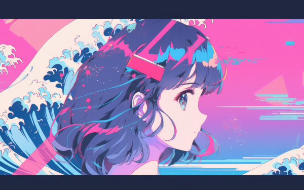 HD Vaporwave-style desktop wallpaper featuring an animated girl with a retro aesthetic, complete with vibrant pink and blue hues and abstract shapes.
