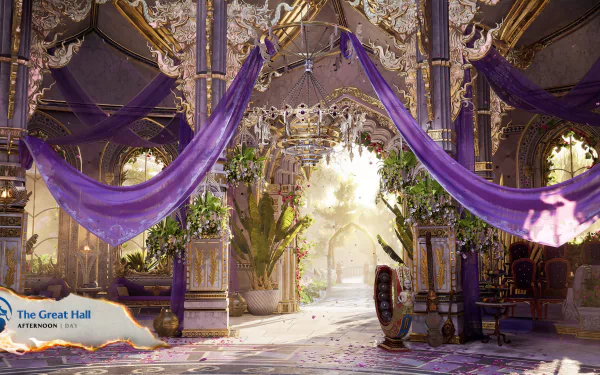 HD desktop wallpaper from Mortal Kombat 1 game featuring an ornate great hall with violet drapes, intricate architecture, and a mystical energy orb.