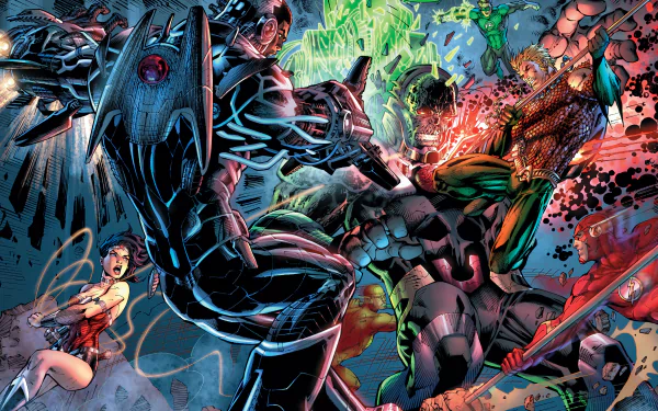 Desktop wallpaper featuring the Justice League in a comic style, showcasing iconic superheroes in vibrant colors and dynamic poses.