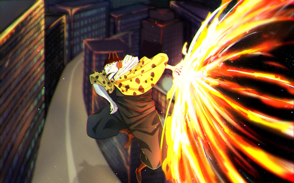 Jogo from Jujutsu Kaisen unleashes a fiery attack in this dynamic 4K Ultra HD anime wallpaper, showcasing intense action and vibrant cityscape details.