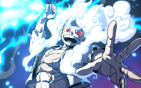 A dynamic HD wallpaper featuring Monkey D. Luffy in Gear 5 transformation from the anime One Piece.