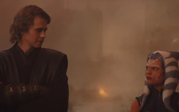 Anakin Skywalker and Ahsoka Tano from the TV show Ahsoka (2023) engage in a moment of connection against a dramatic backdrop, featuring rich colors and intense atmosphere.