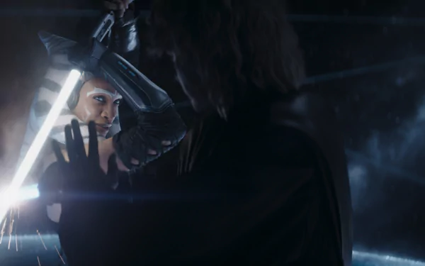 A dynamic scene from the TV show Ahsoka (2023), featuring a tense lightsaber confrontation amid a dramatic backdrop, capturing the intensity of the moment in HD quality.