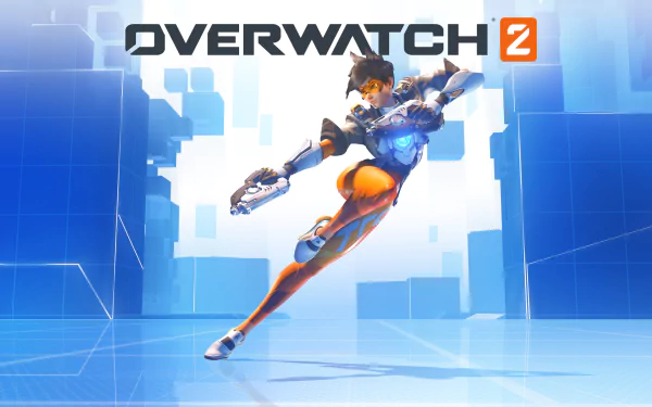 HD desktop wallpaper of Tracer from Overwatch 2, depicted in dynamic action pose against a stylized blue background with the game's logo.