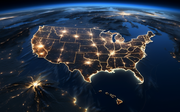 Illuminated USA map wallpaper - High-definition desktop background depicting a night view of the United States of America with city lights.