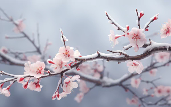 HD desktop wallpaper featuring a frost-covered sakura branch with delicate pink blossoms against a soft, muted background.