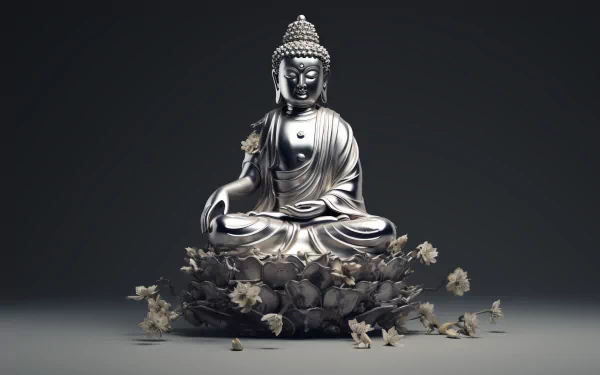 Silver Buddha statue seated on lotus with leaves, serene Buddhism wallpaper in high definition.