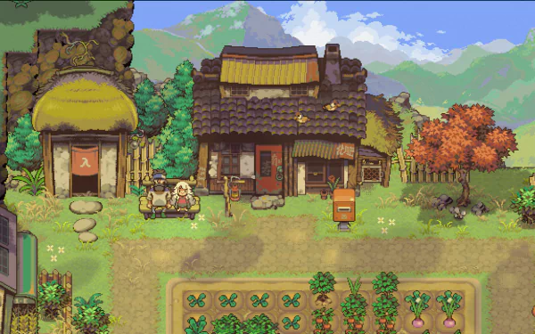 HD desktop wallpaper featuring the charming rural scenery of Octopia from the game Eastward, with a quaint cottage, lush garden, and serene mountain backdrop.