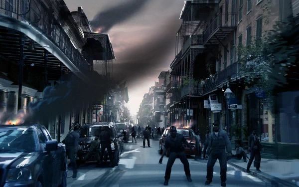 A high-definition desktop wallpaper depicting a post-apocalyptic street scene from the video game Left 4 Dead 2, featuring zombies amidst abandoned cars and an eerie atmosphere.