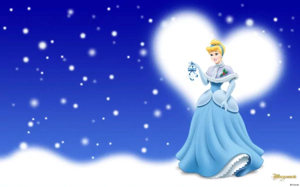 A charming HD wallpaper of Cinderella from the 1950 movie, featuring her in a beautiful blue gown against a dreamy blue background with a heart-shaped light.