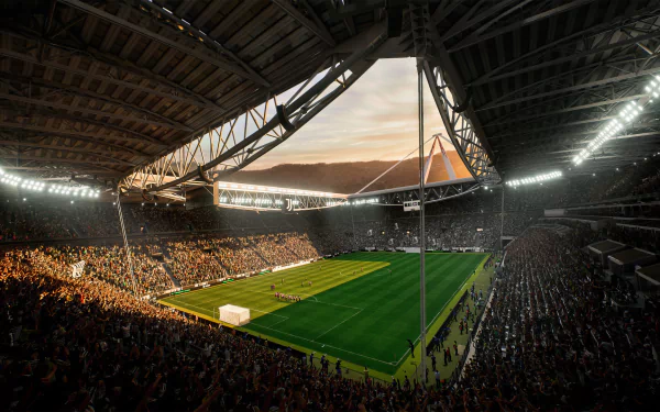 EA SPORTS FC 24 HD desktop wallpaper showcasing a bustling stadium atmosphere during a sunset match.