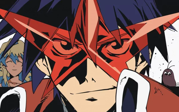 HD PC desktop wallpaper featuring Simon from the anime Tengen Toppa Gurren Lagann with bold red star-shaped glasses and intense eyes.