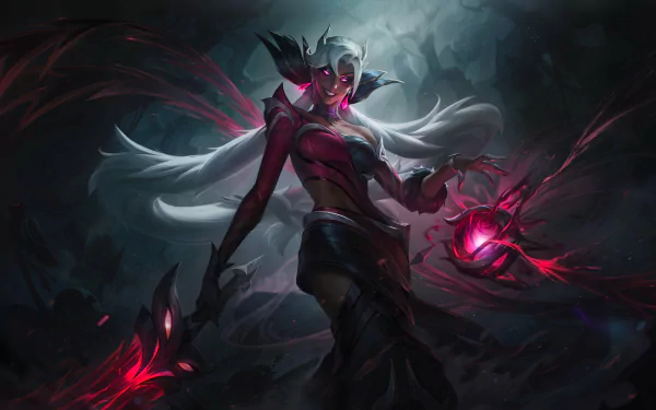Nilah from League of Legends showcased in a dark, mystical setting with glowing red magic, designed as a 4K Ultra HD PC desktop wallpaper.