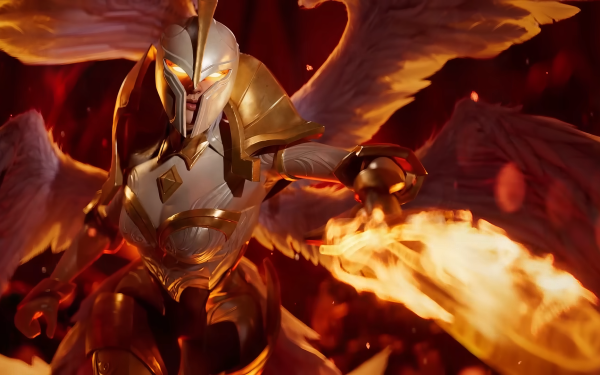HD Wallpaper of Kayle from League of Legends in action, showcasing her fiery sword and angelic wings, ideal for a desktop background.