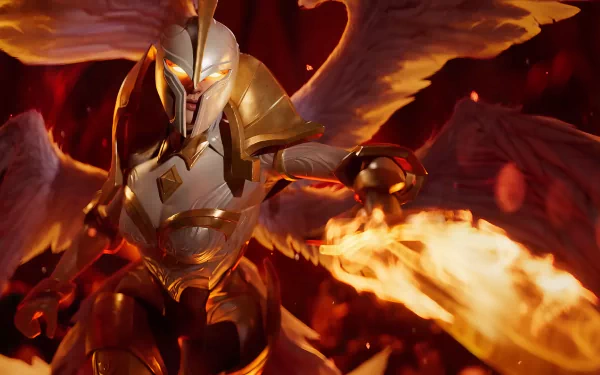 HD desktop wallpaper of Kayle from League of Legends, showcasing the character in dynamic battle stance with fiery wings spread.