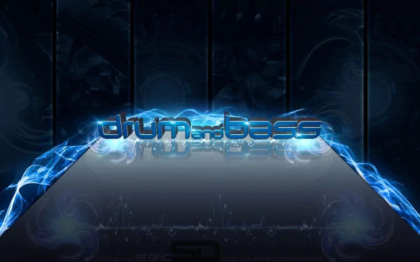 HD PC desktop wallpaper featuring glowing blue drum and bass text with electric energy effects, reflecting a dynamic music theme.