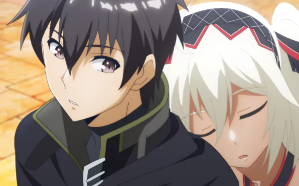 HD desktop wallpaper featuring Fate Graphite and Myne from Berserk of Gluttony, with Fate looking forward and Myne resting her head on his shoulder.