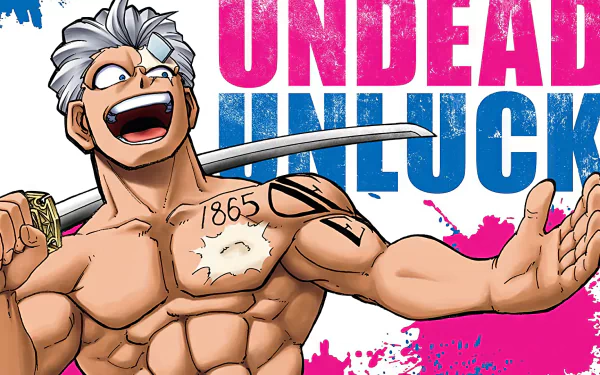 HD desktop wallpaper of Andy from Undead Unluck anime, featuring a vibrant character design with a battle-damaged shirt and a wide grin.