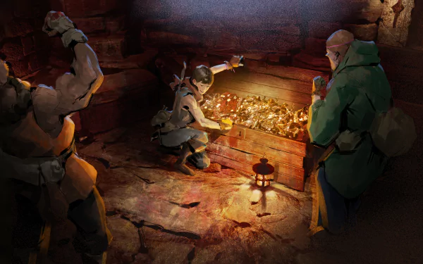 HD wallpaper featuring characters from the video game Dark and Darker discovering a treasure chest filled with gold in a dimly lit cave.