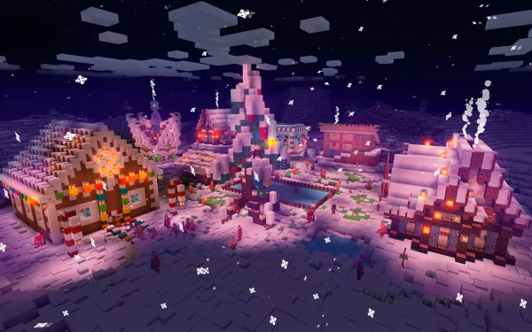 A beautifully crafted Minecraft scene features a snowy village at night, with colorful houses, a central tree, and gentle snowfall, making it a stunning HD desktop wallpaper and background.