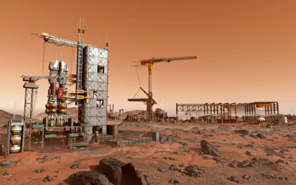 HD desktop wallpaper of a futuristic spaceport on a starfield, with industrial structures and machinery on a Mars-like terrain.
