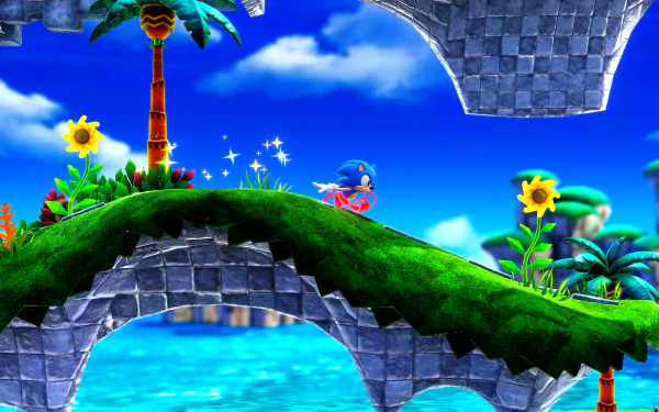 HD desktop wallpaper featuring Sonic the Hedgehog in a vibrant Superstars-themed level with lush greenery, flowers, and classic stone loop architecture against a vivid blue sky.