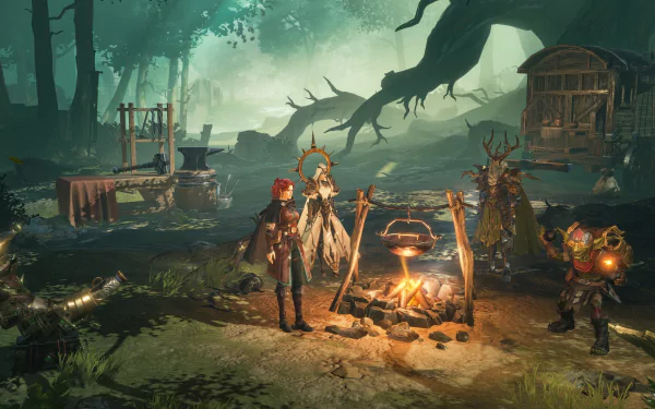 HD desktop wallpaper of Dragonheir: Silent Gods featuring fantasy characters around a campfire in a mystical forest environment.