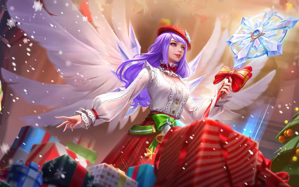 HD desktop wallpaper of Rafaela from Mobile Legends: Bang Bang, depicted with angelic wings, holding a magical staff, surrounded by festive gifts.