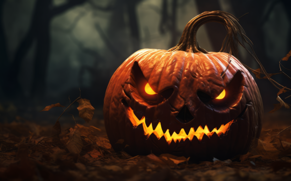 A glowing jack-o'-lantern with a menacing face against a dark, spooky forest backdrop, perfect for a Halloween-themed HD desktop wallpaper.