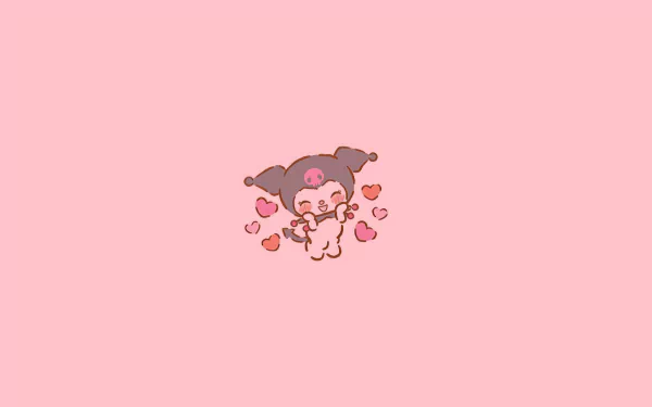 HD desktop wallpaper featuring Kuromi from Onegai My Melody, with a cute pink background adorned by hearts.