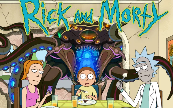 Rick and Morty futuristic HD desktop wallpaper featuring vibrant colors and iconic characters from the TV show.