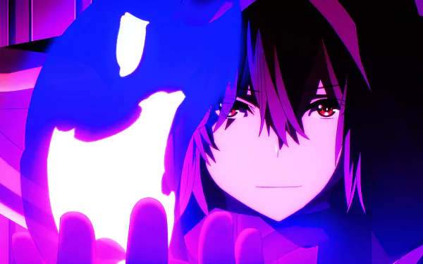 Cid Kagenou from The Eminence in Shadow anime glows with blue and purple light, depicted in a vivid 4K Ultra HD PC desktop wallpaper and background.