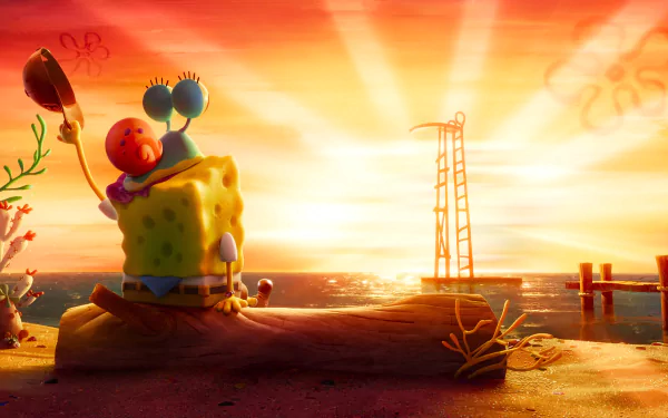 HD desktop wallpaper featuring SpongeBob SquarePants hugging Gary on a log, with a vibrant sunset background from The SpongeBob Movie: Sponge on the Run.