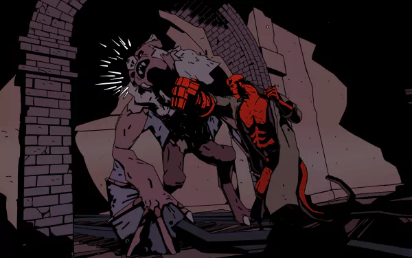 HD desktop wallpaper featuring a stylized Hellboy: Web of Wyrd artwork with Hellboy in action against a dark, gritty backdrop.